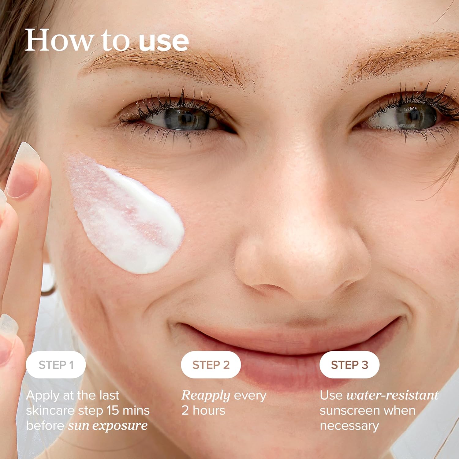 Woman applying sunscreen with text on how to use it